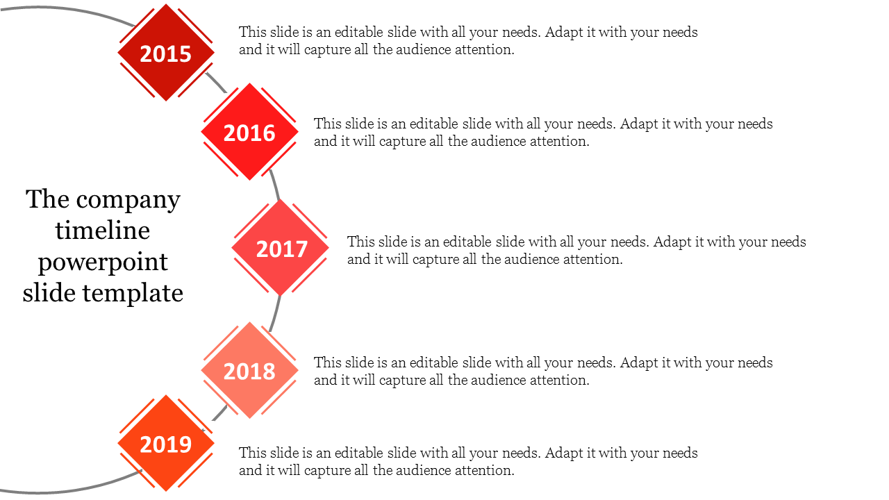 Company timeline with red diamond shapes marking each year from 2015 to 2019, with placeholder text areas.