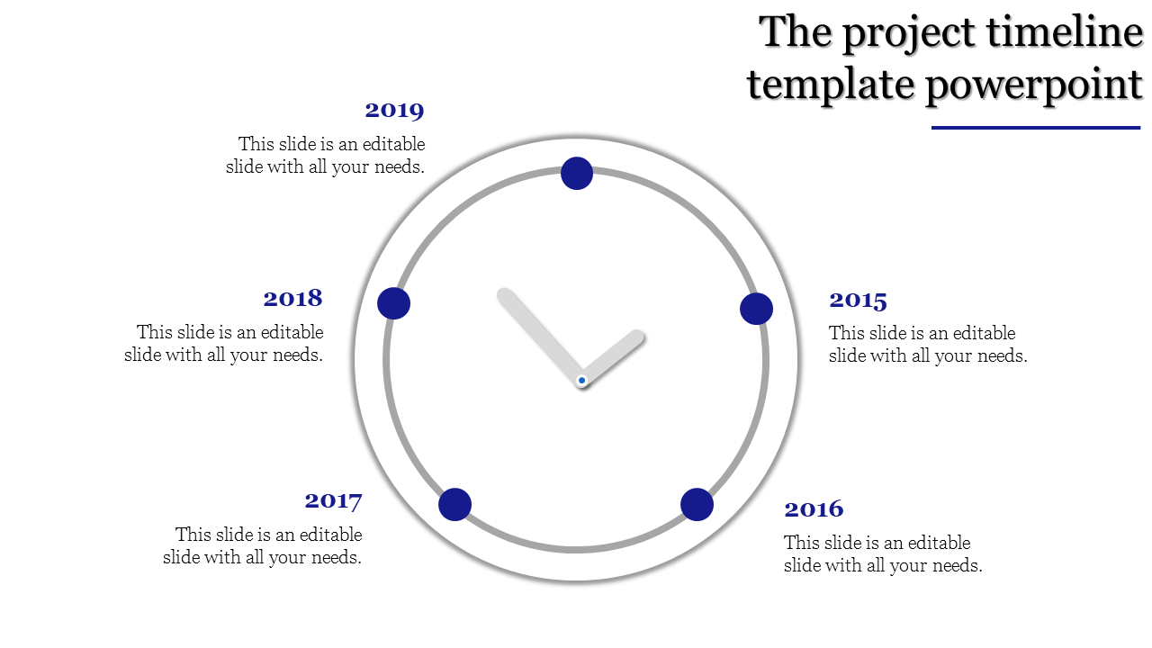 Project timeline in a circular clock format with years 2015 through 2019, featuring caption areas.
