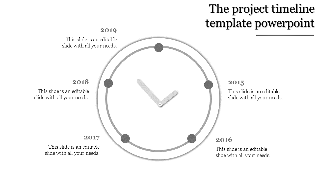 Gray clock themed timeline with years 2015 to 2019 placed around it, representing project milestones.