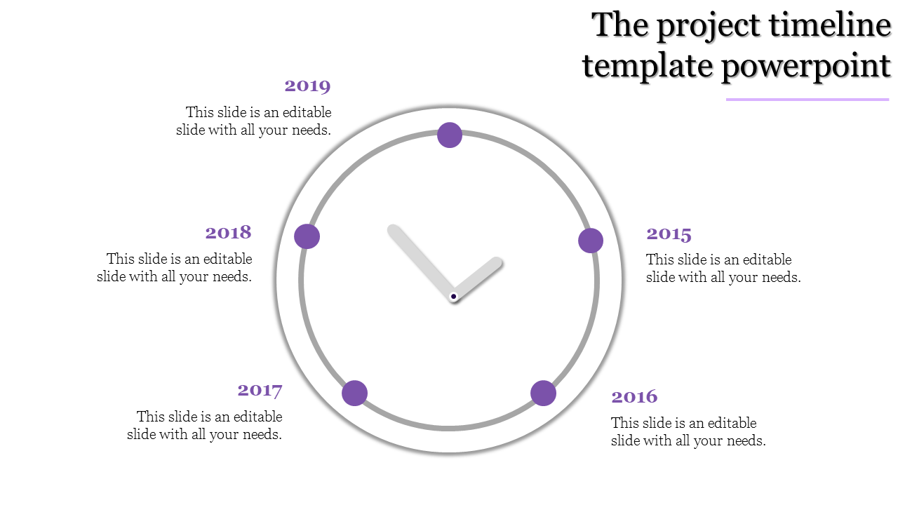 Project timeline PowerPoint slide featuring a circular design with four years 2015 to 2019 and sections for each stage.