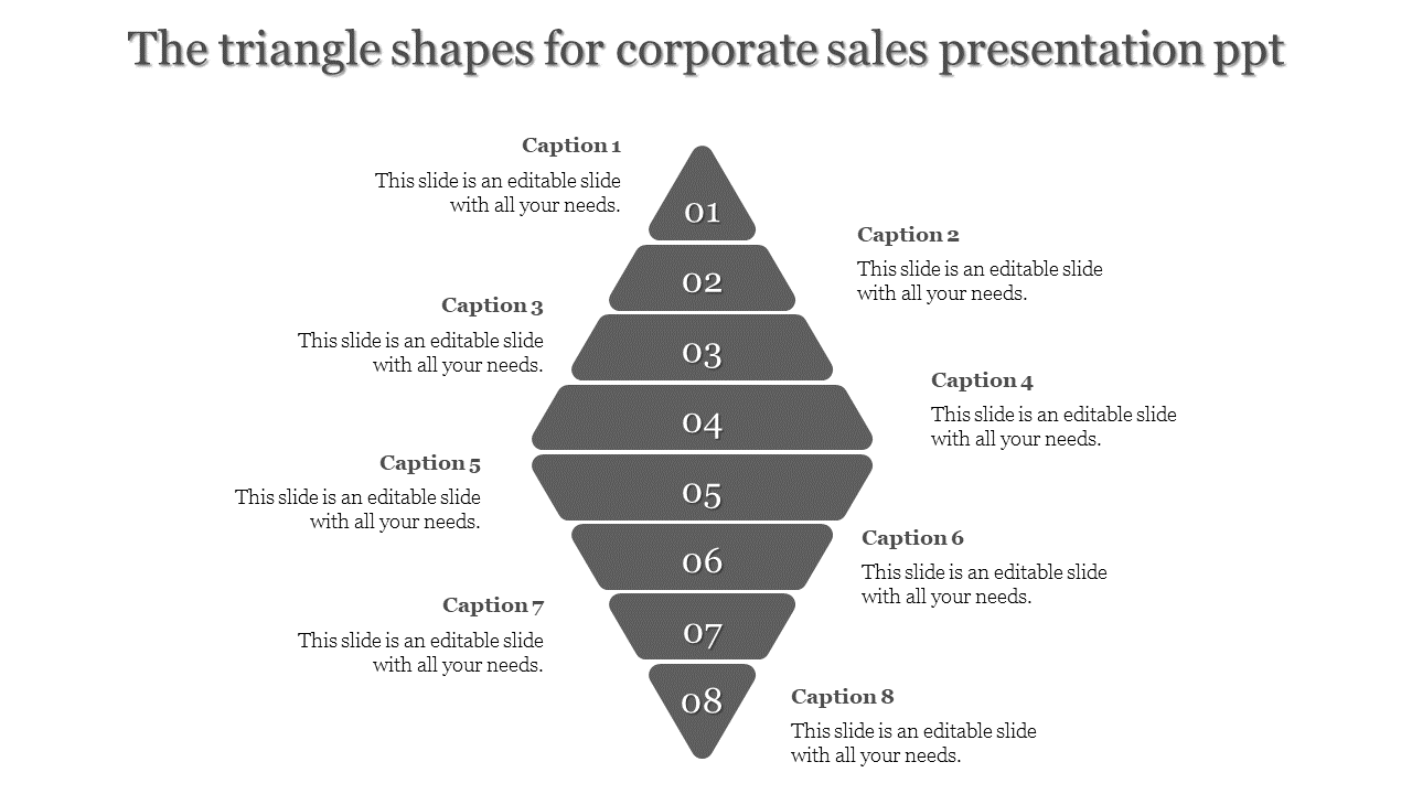 Corporate sales presentation slide with eight gray triangle shapes, each with a caption.
