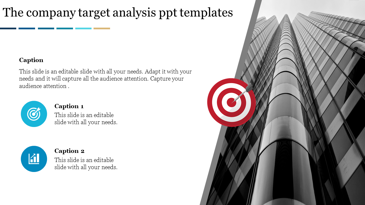 Target icon with an arrow overlaying a skyscraper image, paired with two infographic-style caption icons.