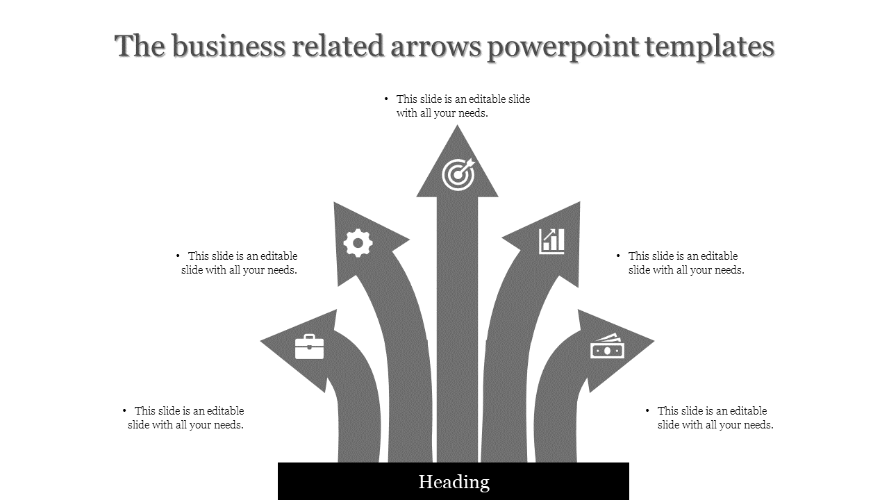Gray themed infographic with five upward pointing arrows featuring icons for business goals and progress indicators.