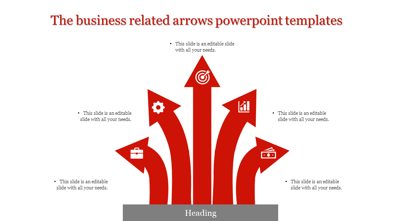 A business related PowerPoint template with five red arrows pointing upward, each with an icon and caption.