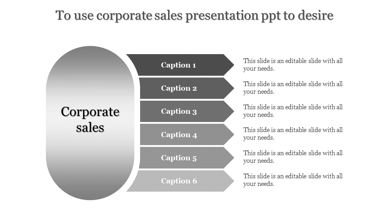 Corporate sales layout with a central gray gradient shape and six gray arrow placeholder text sections.