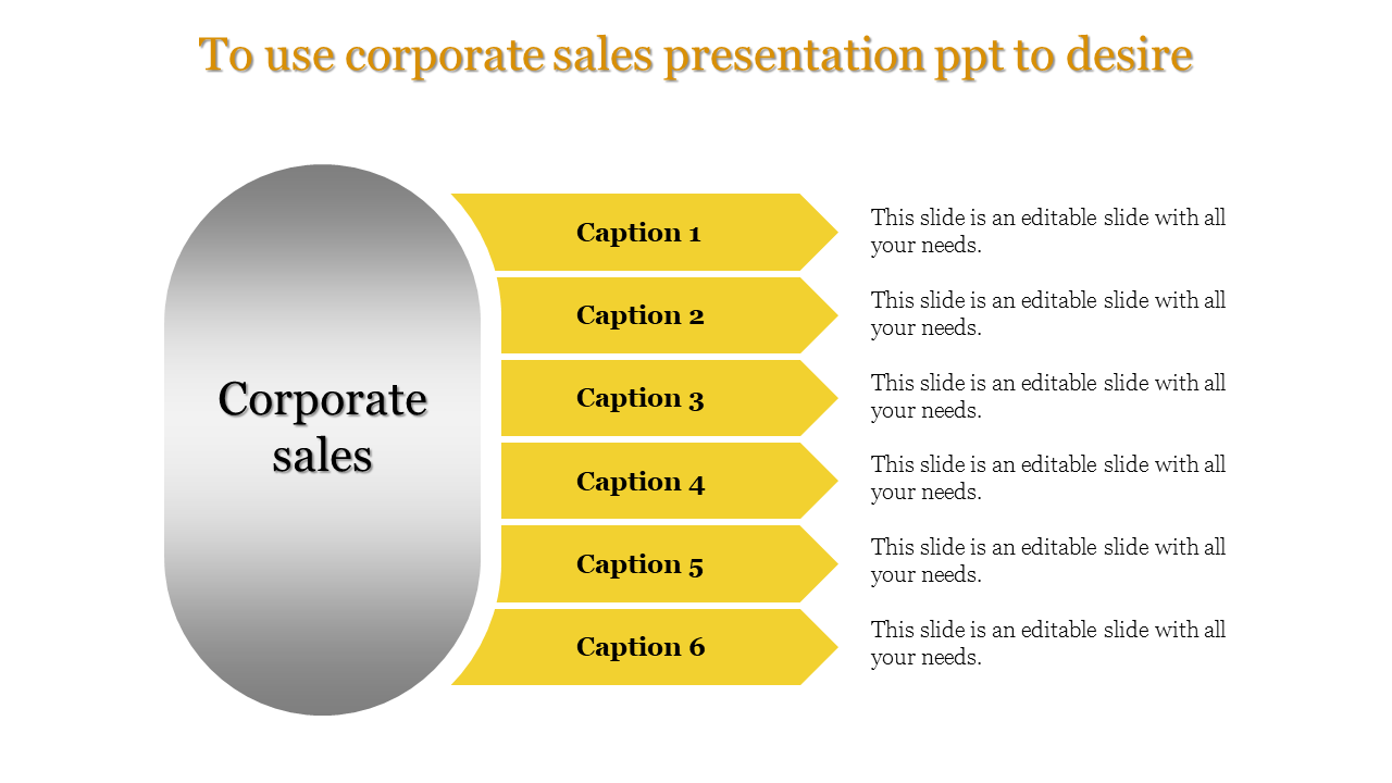 Corporate sales PPT slide with six yellow arrows pointing right, providing space for captions and descriptions.