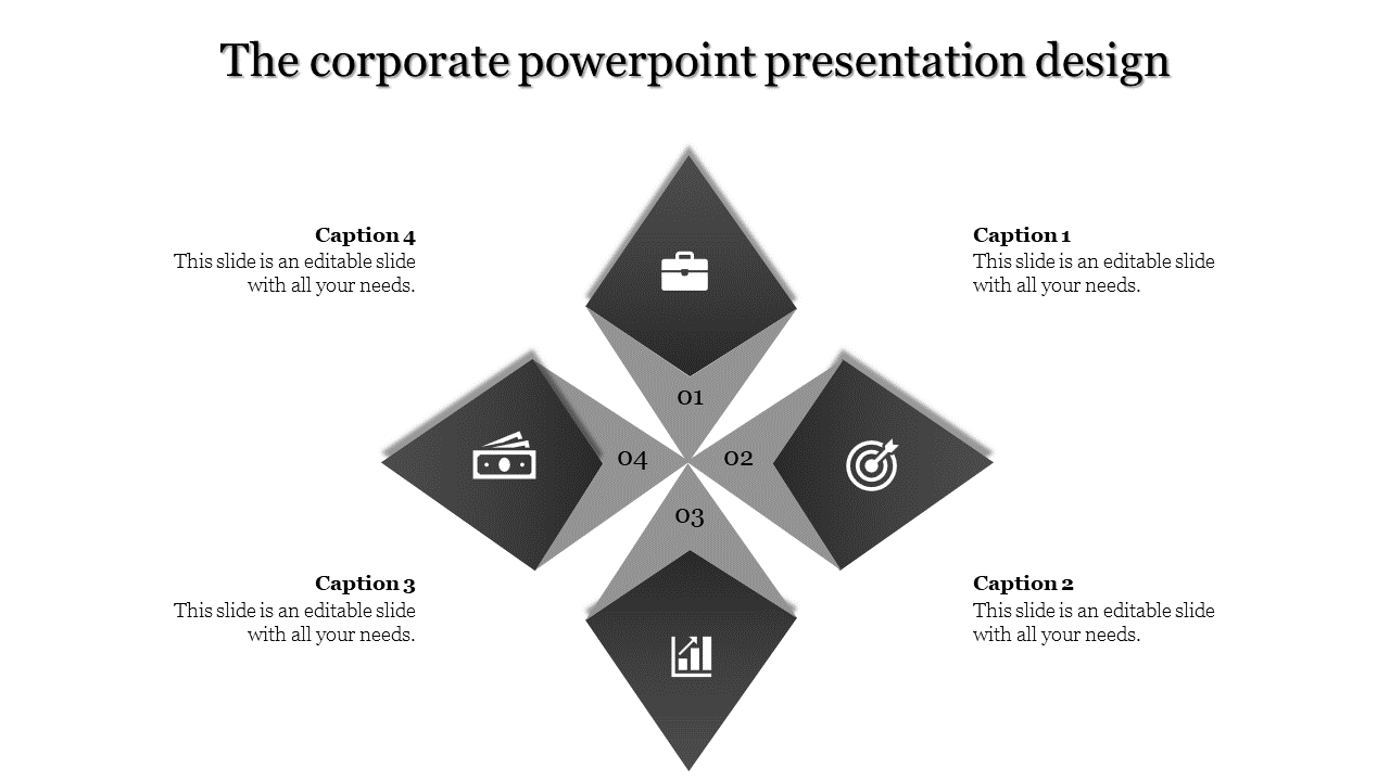 Corporate slide with black and gray diamond shapes forming a cross  layout with captions, on a white background.