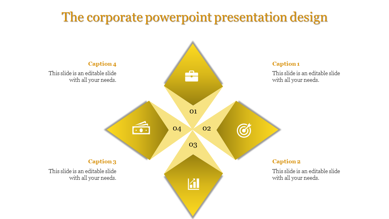 Corporate design with a four diamond infographic in gold shades featuring icons for goals, finance, growth, and business.