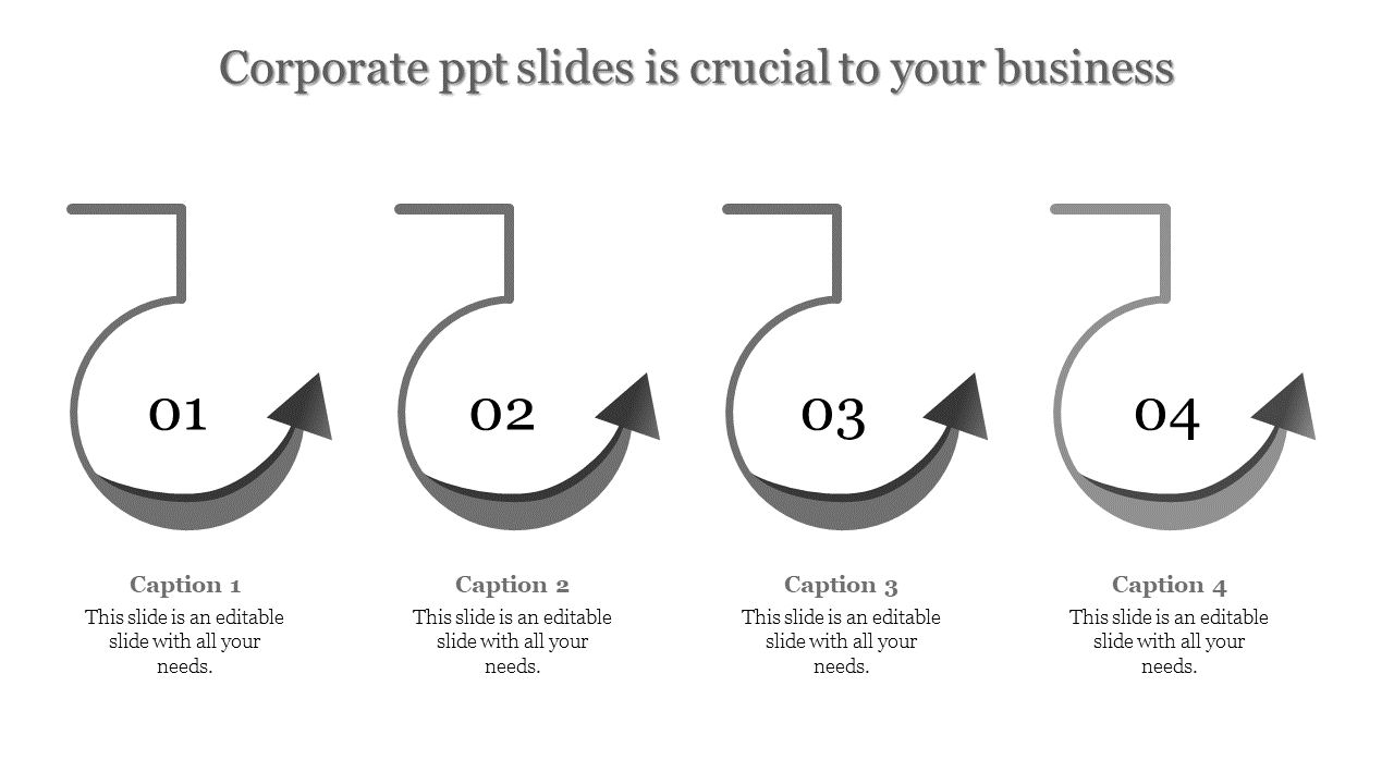 Gray corporate PPT slide with four arrows in a circular pattern representing a process, each with caption placeholders.