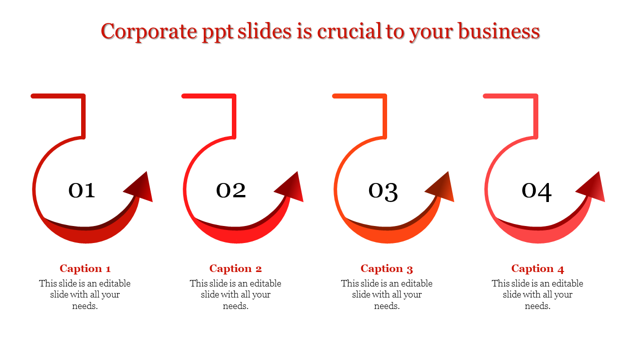 Corporate-themed slide with four red and orange curved arrow designs numbered 01 to 04, with caption areas.