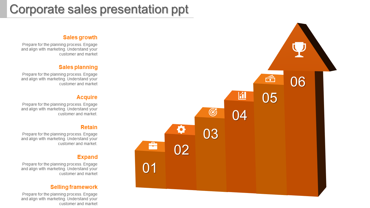 Orange 3D staircase with six steps, each labeled with numbers and icons, leading to a trophy on top.