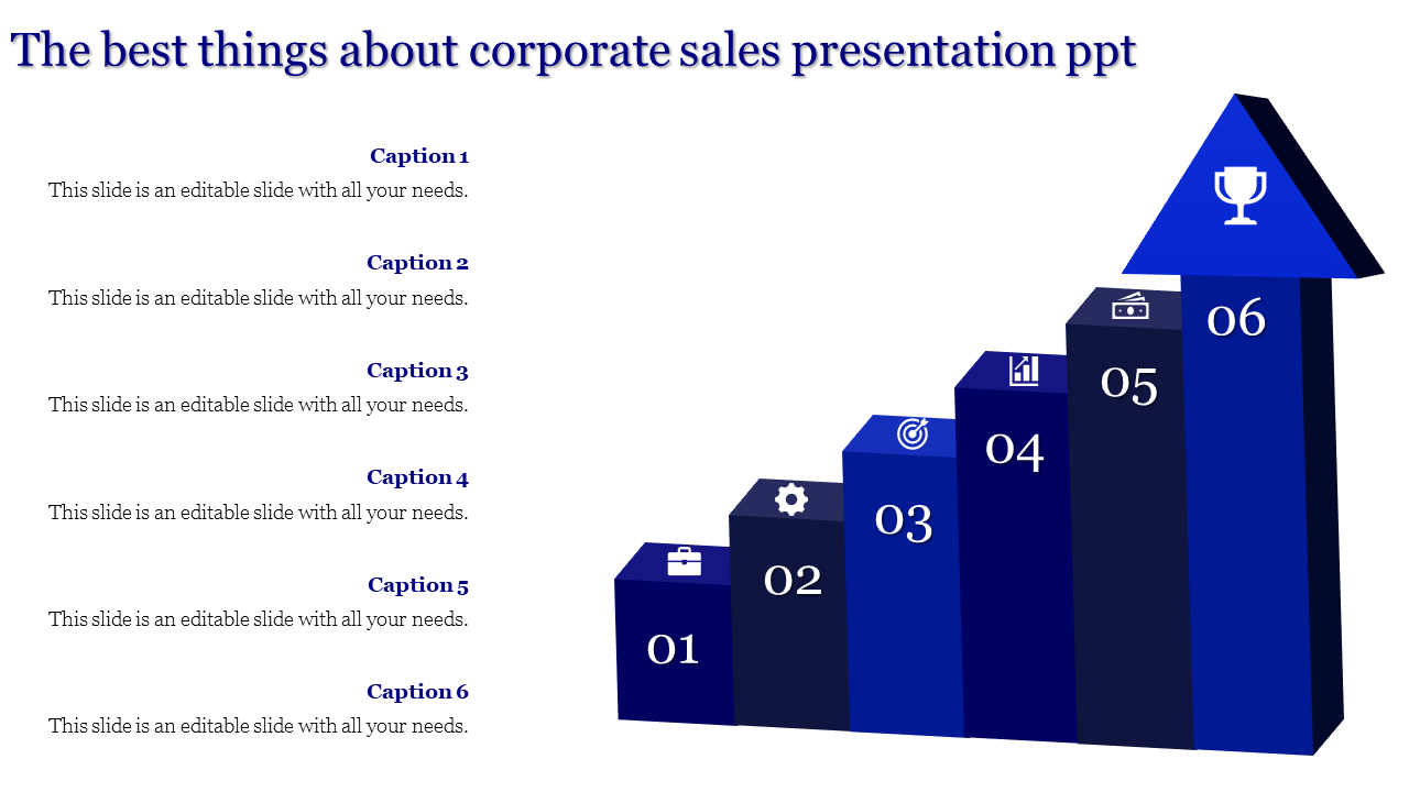 Corporate sales diagram with a blue arrow-shaped staircase divided into six numbered steps each placed with caption areas.