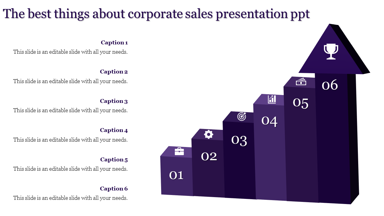 Corporate sales presentation diagram with six steps represented by purple blocks, ending with a trophy.