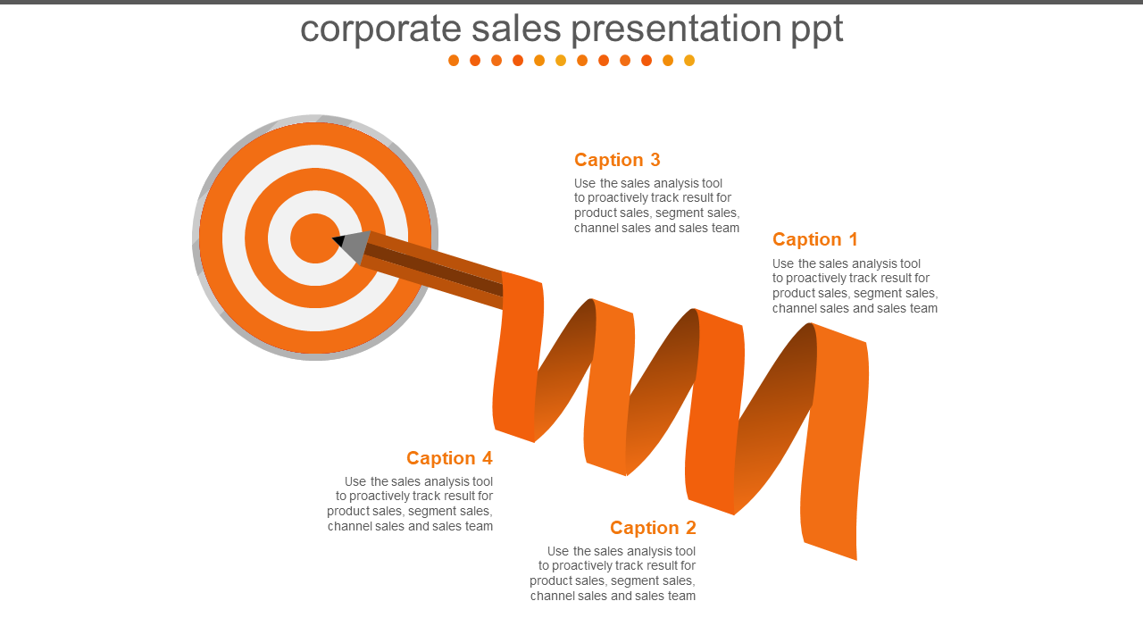 Corporate sales presentation slide with a target and four captions related to sales analysis and tracking.
