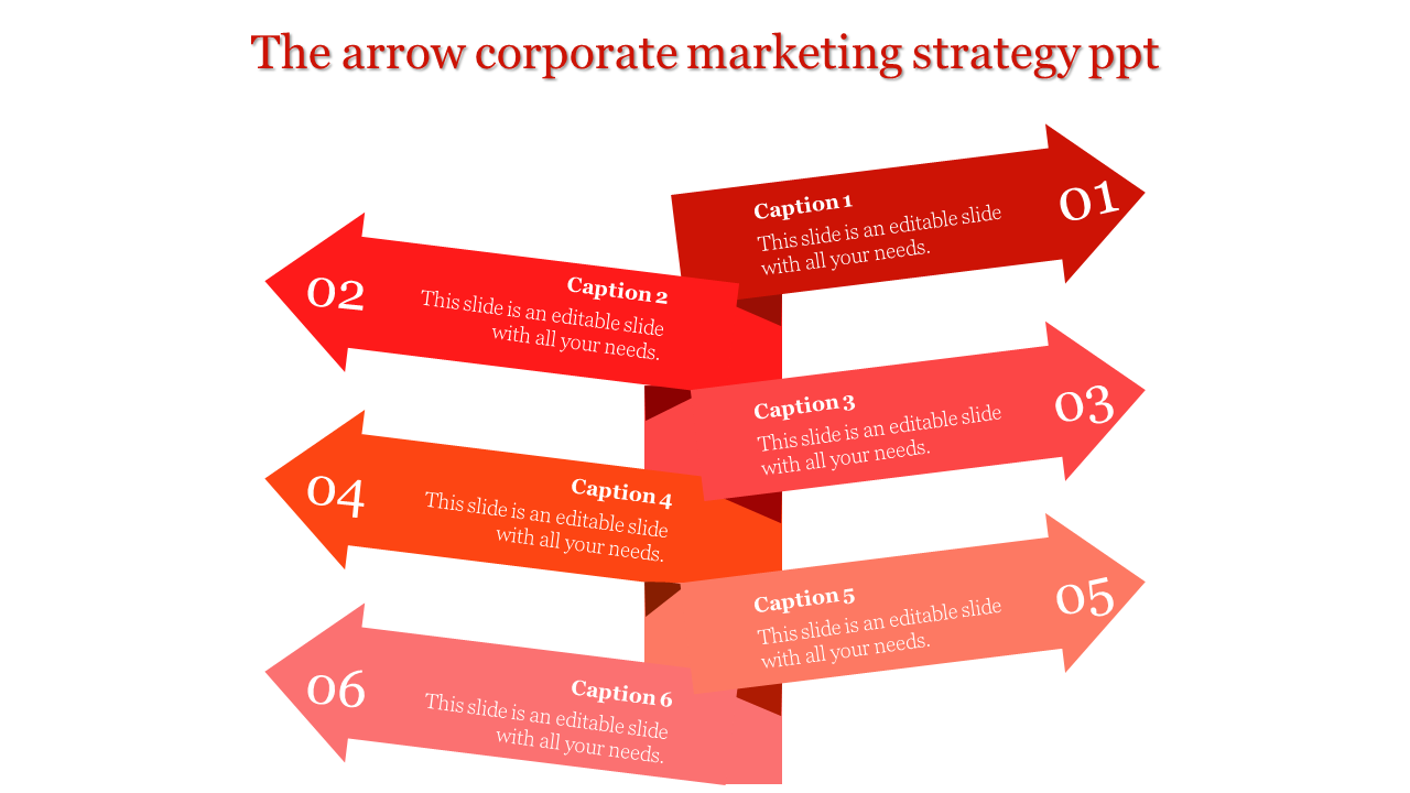 Corporate marketing strategy diagram featuring six horizontal arrows in red and orange shades, each with captions areas.