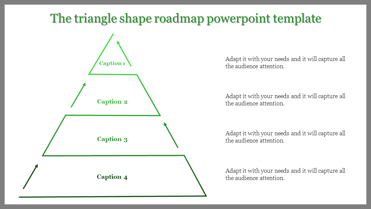 Green triangle roadmap PowerPoint template with four levels and arrows showing progression with captions.