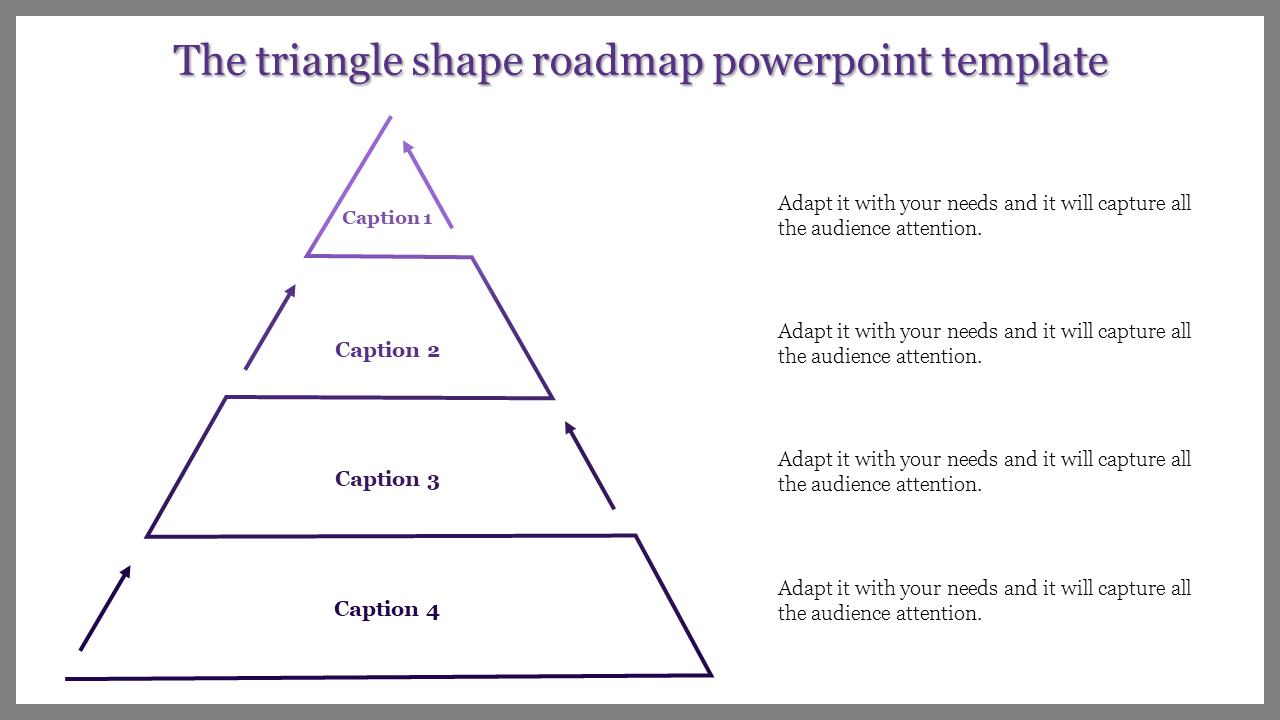 Purple triangle roadmap PowerPoint template with four levels and arrows indicating progression with captions.
