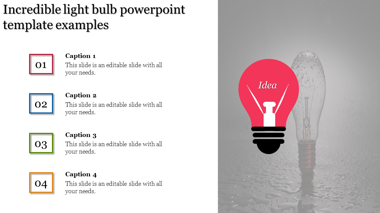 A vibrant red light bulb labeled idea on the right, with four colored numbered captions listed on the left.