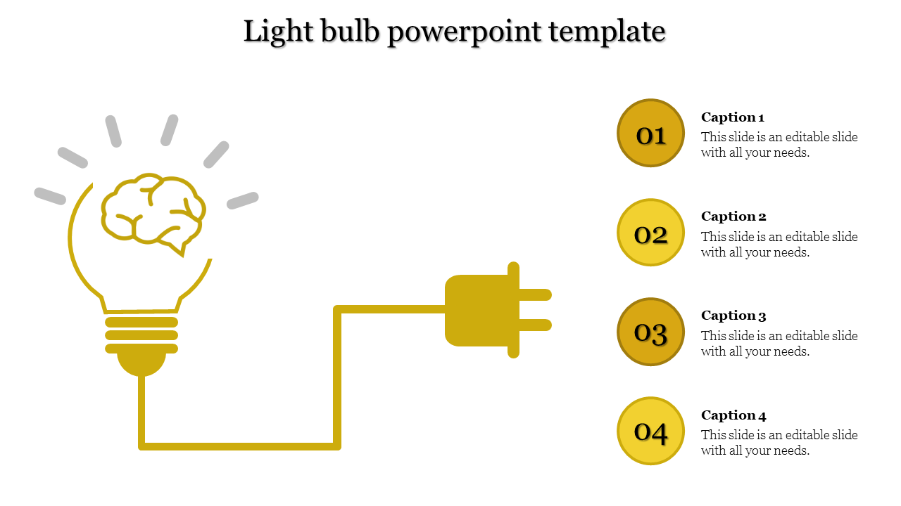 Minimalist yellow infographic displaying a creative idea concept with a light bulb, power source, and four step captions.