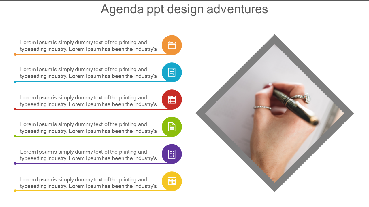 Slide with a list of colored icons and text on the left, alongside a diamond shaped image of a hand writing on the right.