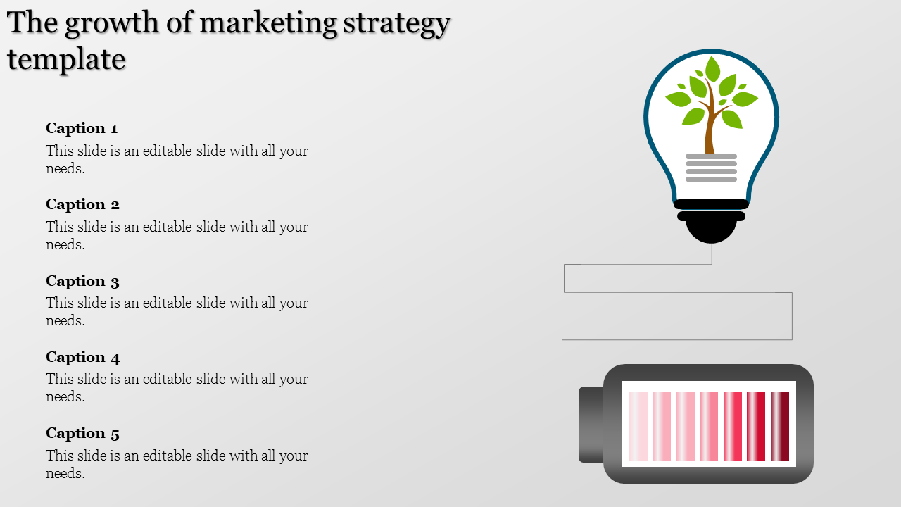 A marketing strategy template featuring a light bulb with a growing tree and a battery icon, alongside five caption sections.