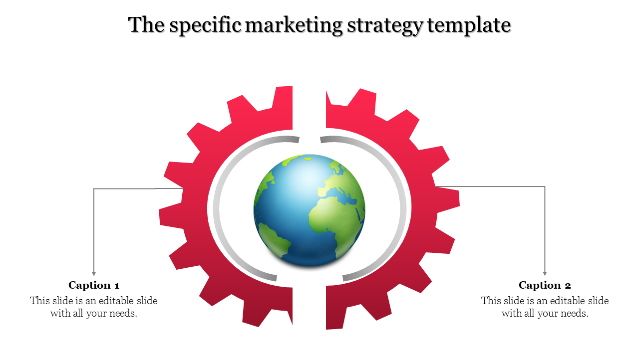 Slide with a globe in the center of a red gear split in half, with captions on either side, on a white background.