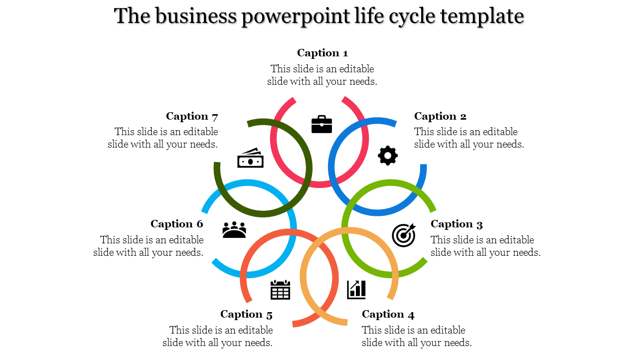 A colorful business PowerPoint life cycle template with seven sections representing various business concepts with icons.