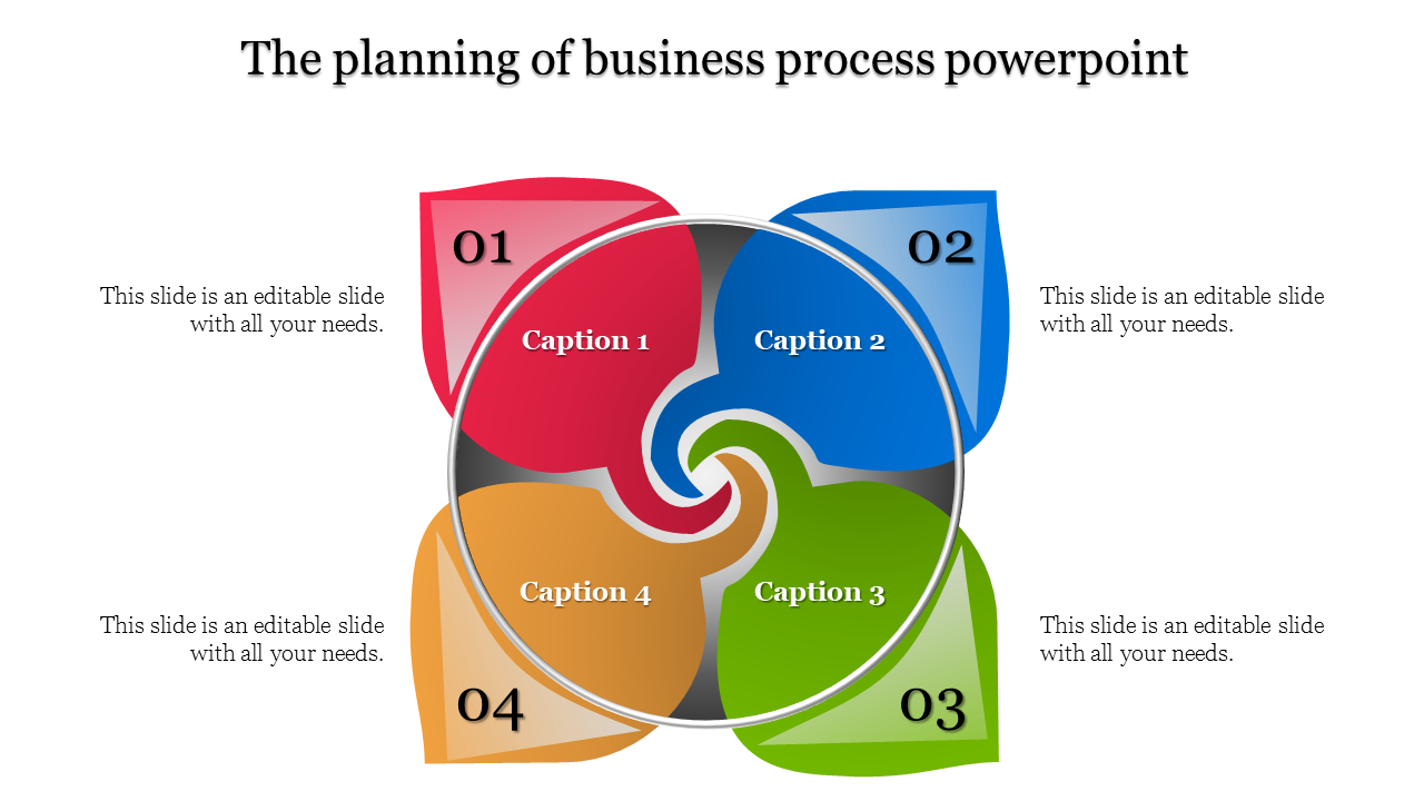 Colorful business process PowerPoint template with four sections and captions