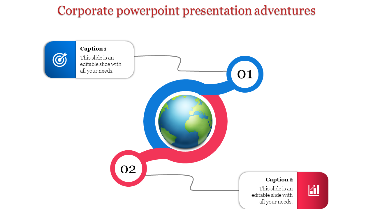 Global themed corporate infographic with two outward nodes in blue and red, numbered 01 and 02, connected to captions.