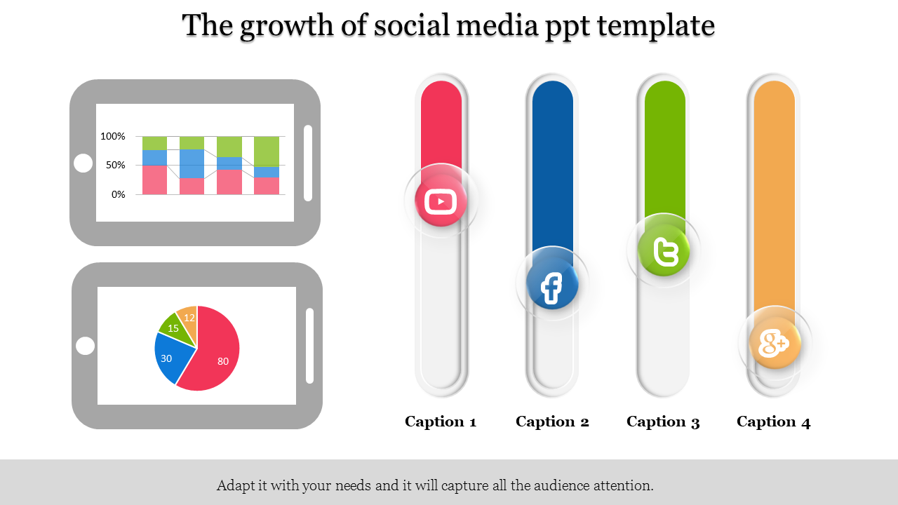 Slide with two gray tablet displaying charts and four vertical bars in red, blue, green, and yellow, with social media icon.