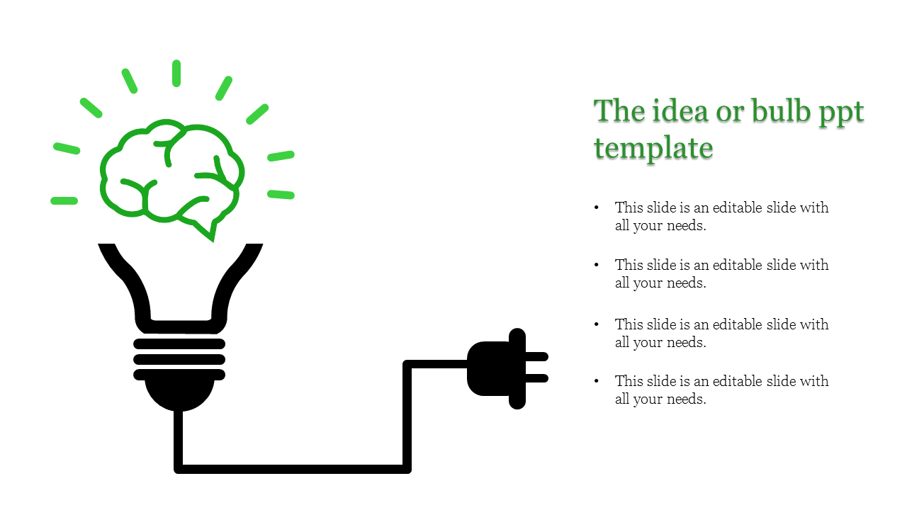 Bulb outline with a glowing green brain and rays, connected to a black plug, with bullet text points on the right.