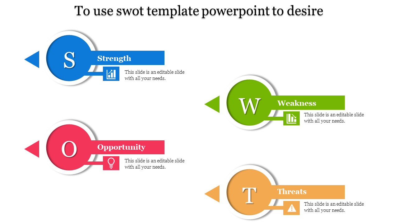 Colorful SWOT diagram PPT slide with icons representing Strength, Weakness, Opportunity, and Threats with descriptions.
