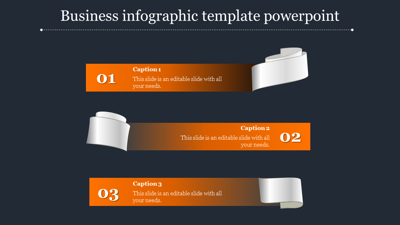 Dark themed slide featuring three horizontal orange gradient banners labeled 01 to 03, wrapped with white ribbons.