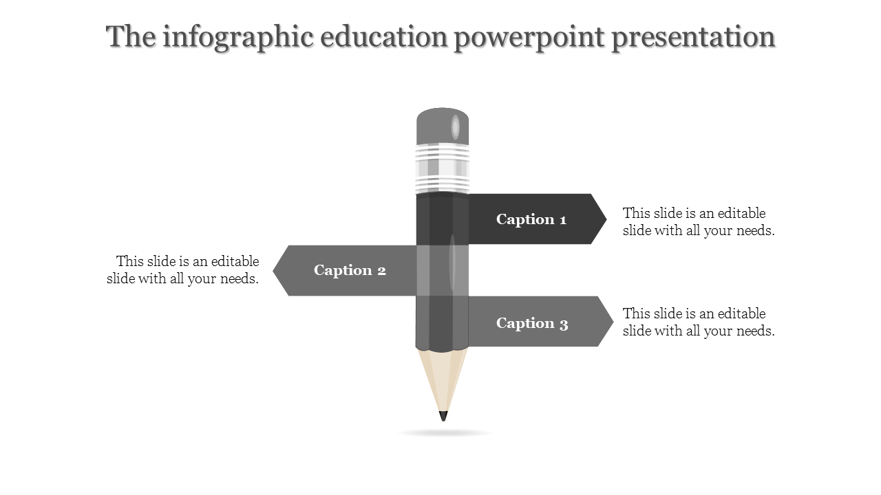 Infographic education PowerPoint slide with a gray pencil and three caption boxes.