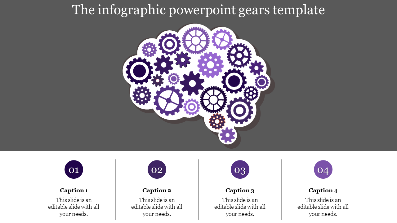 Infographic PowerPoint template with purple gears creating a brain like design with captions.