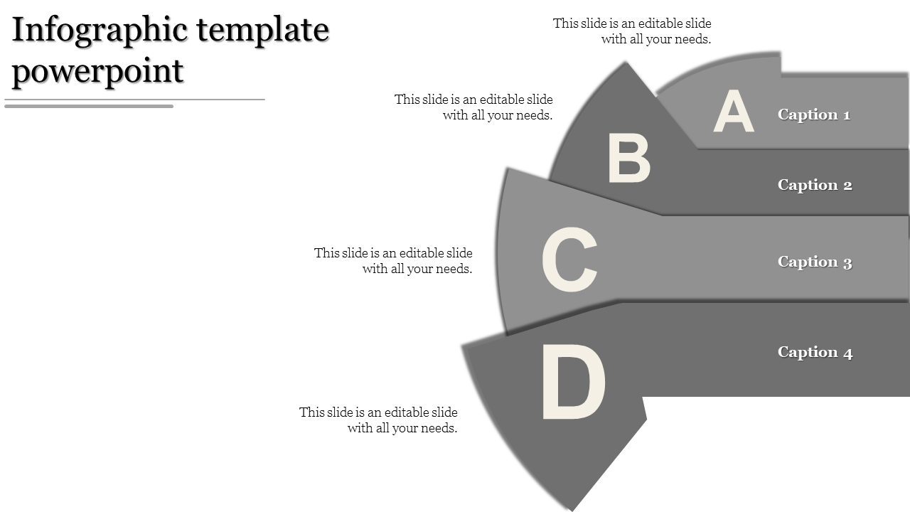 Grayscale infographic template with four sections labeled A, B, C, and D, each with captions and space for content.