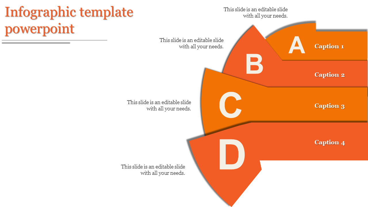 Orange infographic template with four sections labeled A, B, C, and D, each with captions and space for content.