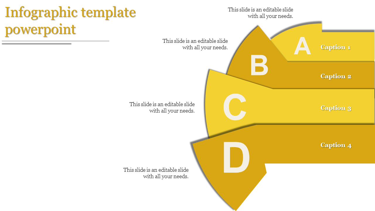 Yellow infographic template with four sections labeled A, B, C, and D, each with captions and content placeholders.