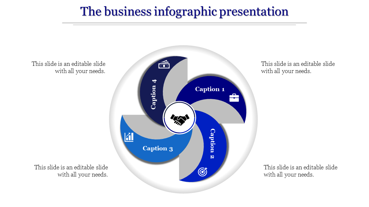 Dynamic blue and gray business infographic featuring four labeled segments with icons, centered around a handshake motif.