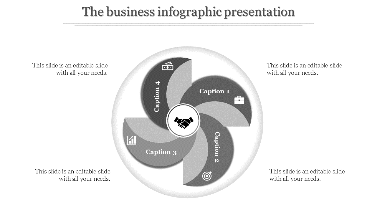 Business infographic slide with four sections in a circular design, each labeled with a caption and associated icon.