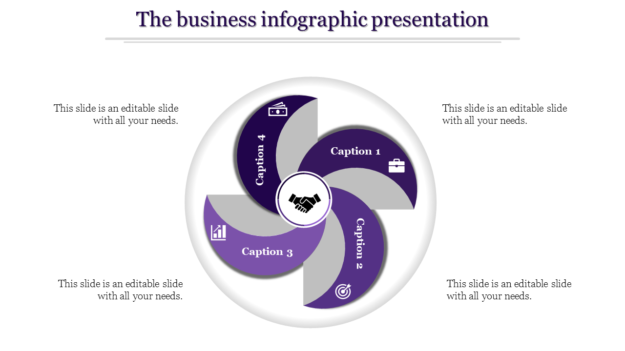 Circular layout with purple and gray curved segments, surrounding a handshake icon in the center, and four captions around.