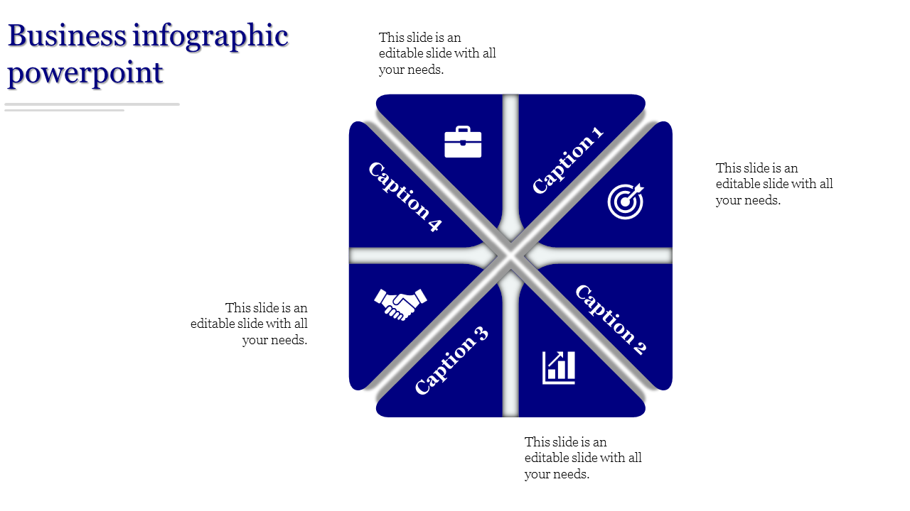 Four section blue infographic with icons and captions, separated by a white cross layout on a light background.
