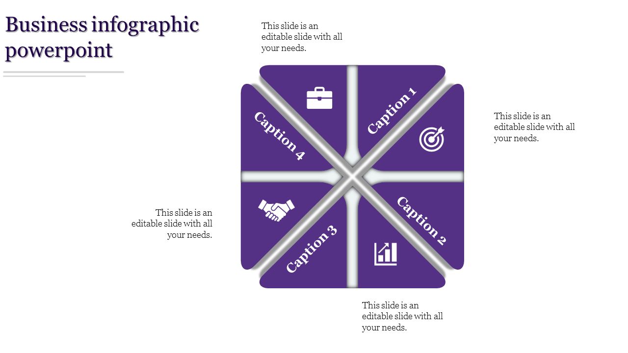 Purple infographic design with four quadrants highlighting business concepts such as goals, strategies, and partnerships.