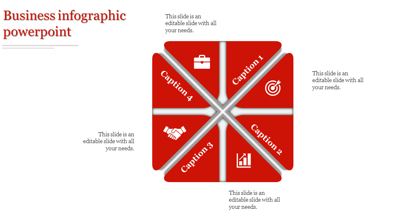 Infographic PowerPoint slide with four sections, each containing a caption and associated icons, arranged in a cross pattern.