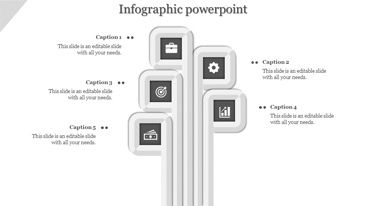 Gray infographic with five rounded rectangular shapes arranged vertically, each featuring business related icons.