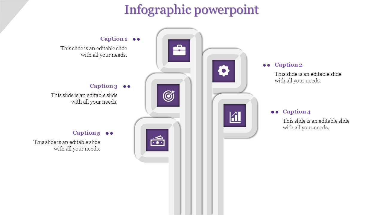 Purple infographic with five rounded rectangular shapes arranged vertically, each featuring business related icons.