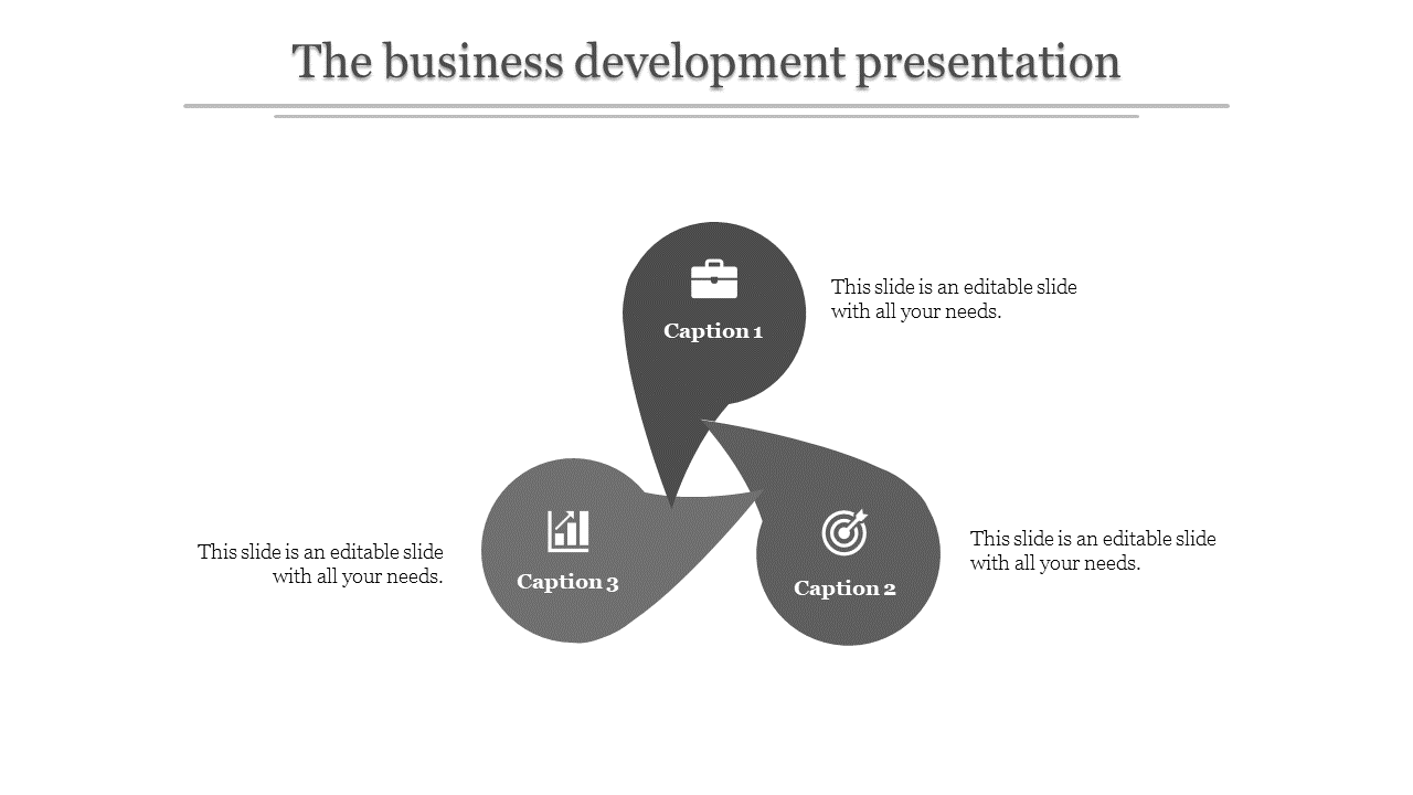 A business development template with three interconnected segments, each representing a key business concept with icons.