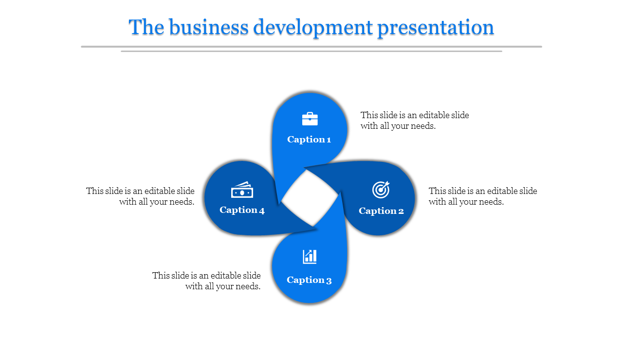 Four blue petal infographic with icons and captions, surrounding a central diamond shape, on a white background.