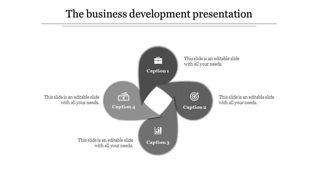 Four overlapping teardrop shapes in grayscale, arranged in a circular infographic with business-related captions and icons.