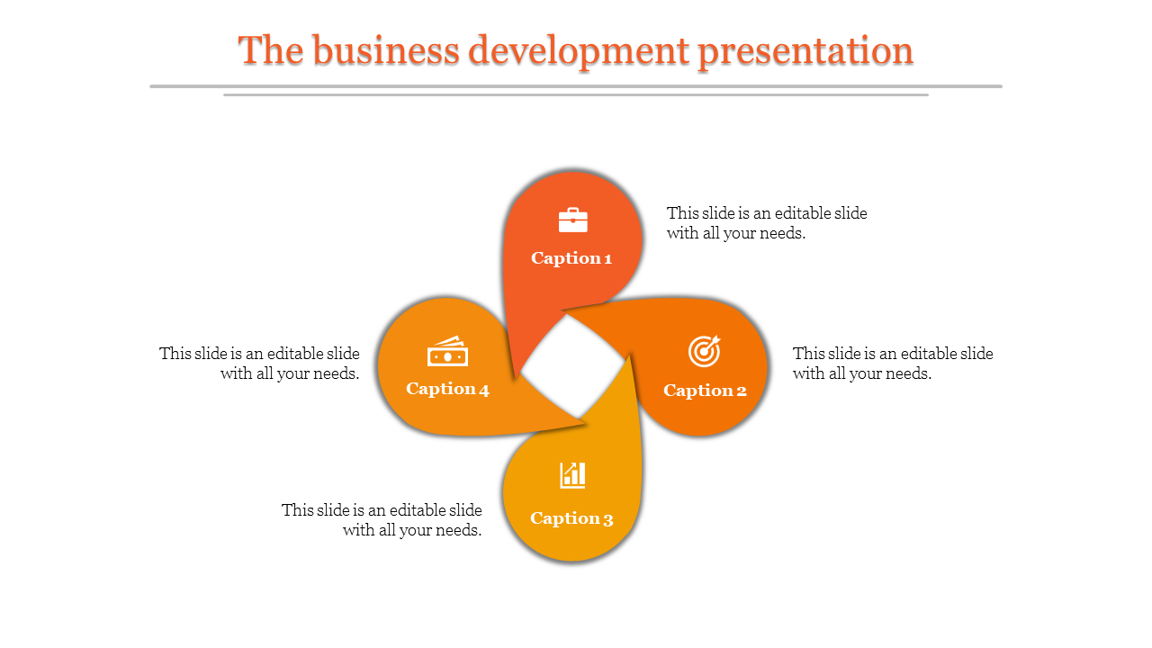 Four orange petal infographic with icons and captions, surrounding a central diamond shape, on a white background.